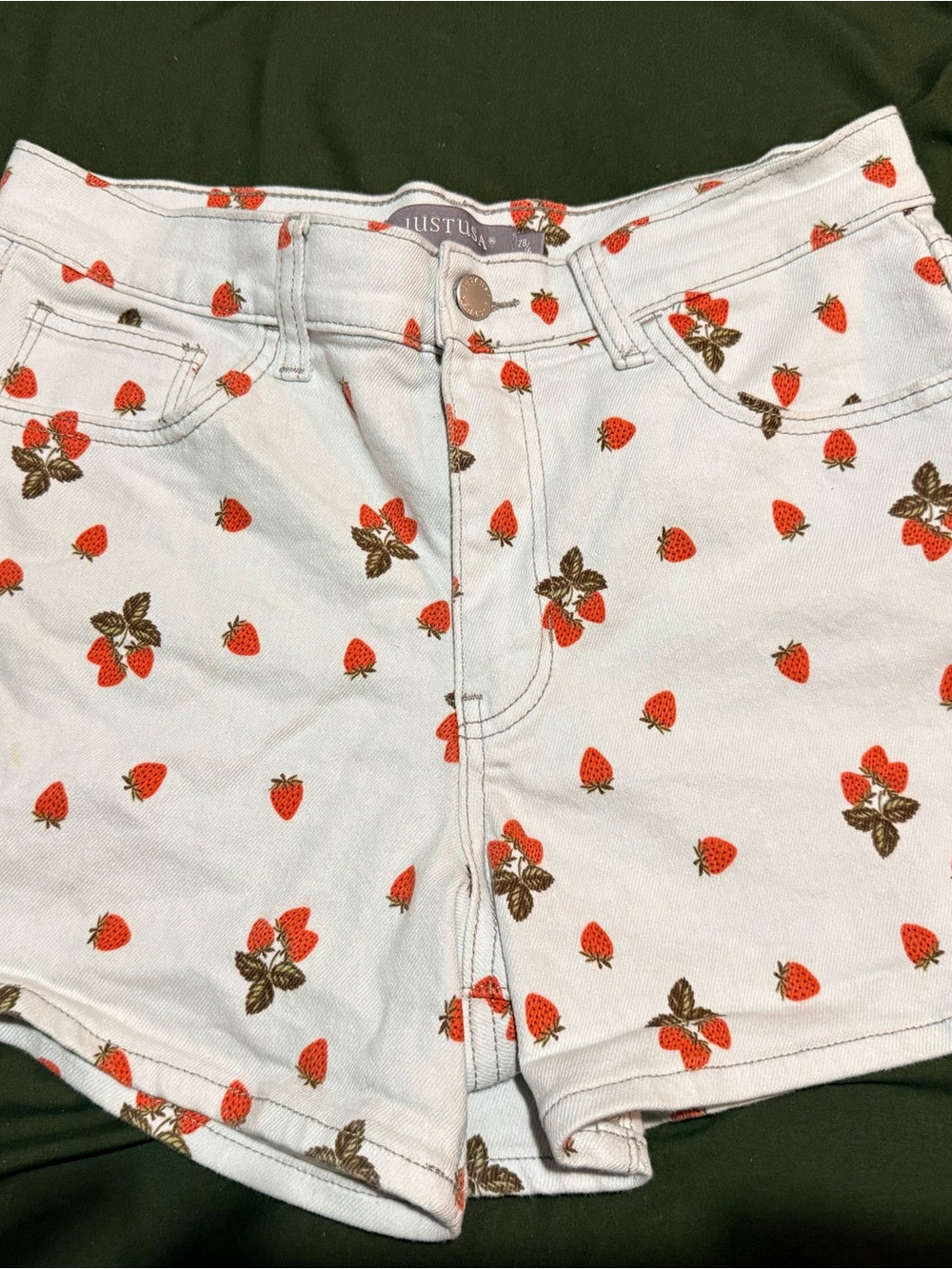 Just USA White Denim Shorts with Red Strawberry Print